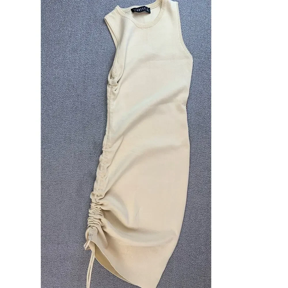 Lioness Military Minds Mini Dress Cream Fitted Ruched Size Small‎